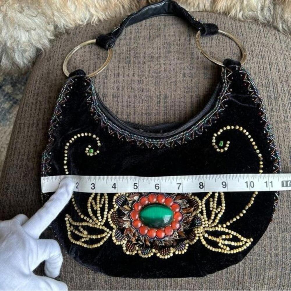 VINTAGE Boho Crescent Beaded Feather Embellished Hobo Shoulder Bag LIKE NEW - Picture 12 of 15
